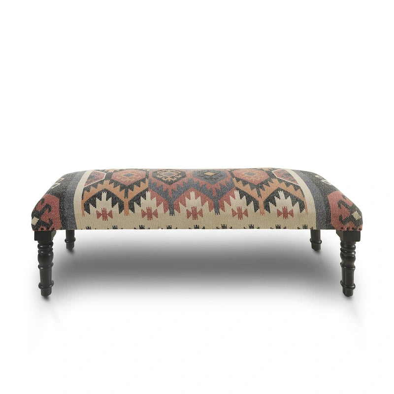 HomeRoots 47   Beige Brown and Rust and Black Jute and Wool Blend Upholstered Southwest Distressed Bench - 47 x 18 x 16