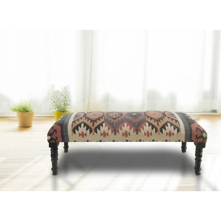HomeRoots 47   Beige Brown and Rust and Black Jute and Wool Blend Upholstered Southwest Distressed Bench - 47 x 18 x 16