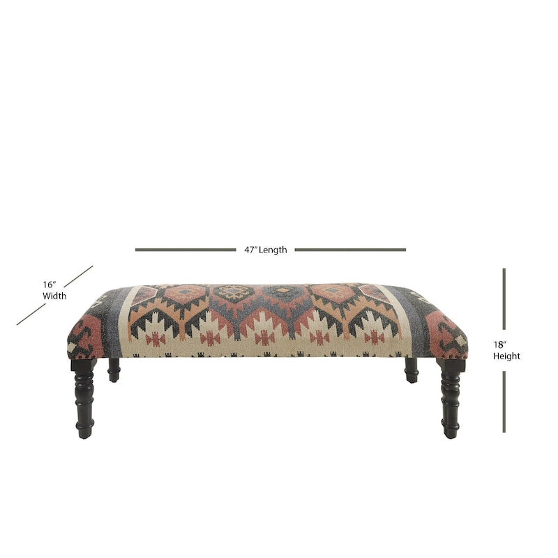HomeRoots 47   Beige Brown and Rust and Black Jute and Wool Blend Upholstered Southwest Distressed Bench - 47 x 18 x 16