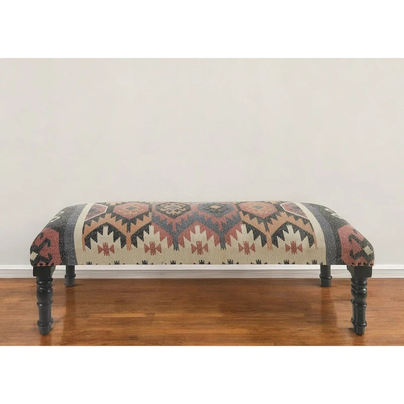 HomeRoots 47   Beige Brown and Rust and Black Jute and Wool Blend Upholstered Southwest Distressed Bench - 47 x 18 x 16