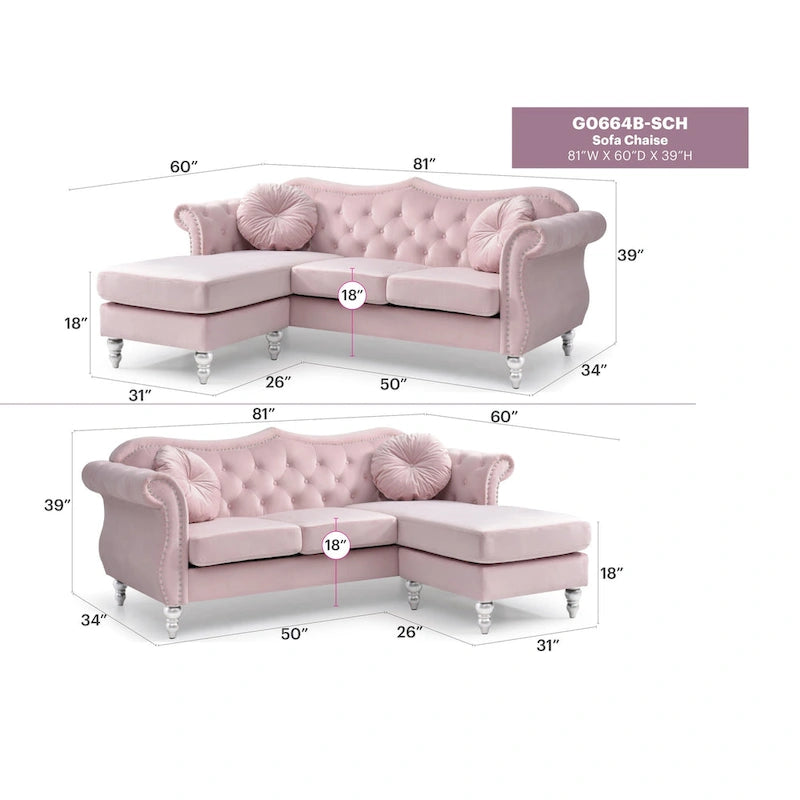 Hollywood 81 in. Velvet Chesterfield Sectional Sofa with 2-Throw Pillow - 81  L x 35  W x 34  H