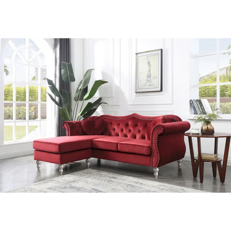 Hollywood 81 in. Velvet Chesterfield Sectional Sofa with 2-Throw Pillow - 81  L x 35  W x 34  H
