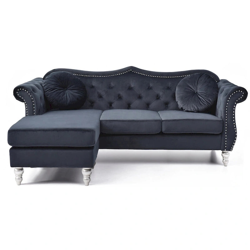 Hollywood 81 in. Velvet Chesterfield Sectional Sofa with 2-Throw Pillow - 81  L x 35  W x 34  H