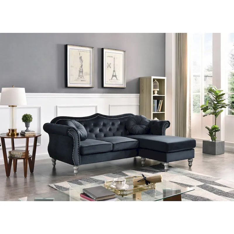 Hollywood 81 in. Velvet Chesterfield Sectional Sofa with 2-Throw Pillow - 81  L x 35  W x 34  H