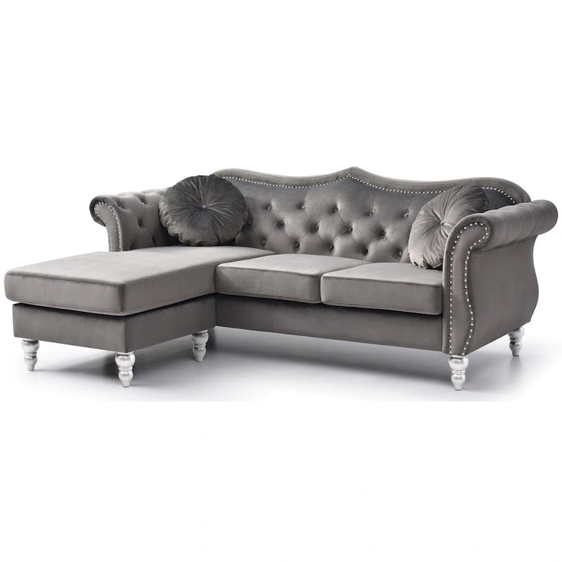 Hollywood 81 in. Velvet Chesterfield Sectional Sofa with 2-Throw Pillow - 81  L x 35  W x 34  H