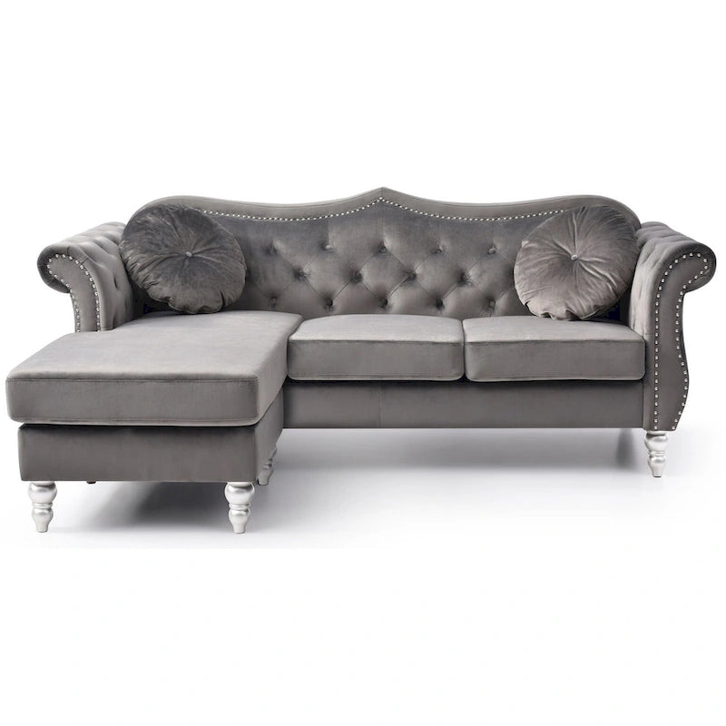 Hollywood 81 in. Velvet Chesterfield Sectional Sofa with 2-Throw Pillow - 81  L x 35  W x 34  H