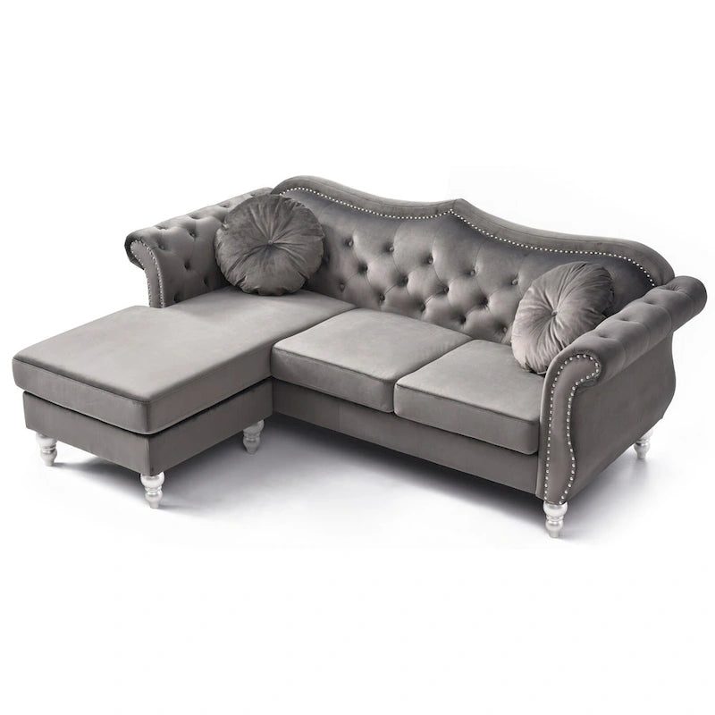 Hollywood 81 in. Velvet Chesterfield Sectional Sofa with 2-Throw Pillow - 81  L x 35  W x 34  H