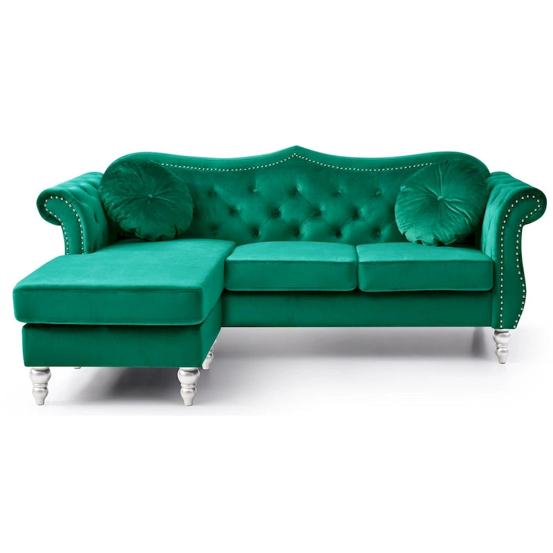Hollywood 81 in. Velvet Chesterfield Sectional Sofa with 2-Throw Pillow - 81  L x 35  W x 34  H