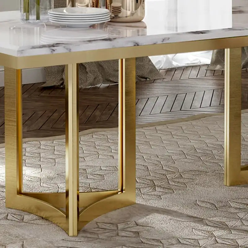 Modern Marble Dining Table with White Rectangular Tabletop Gold Stainless Legs, Dining Room Table for 4-6 - 63