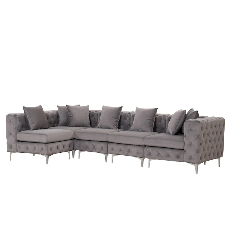 Large L-Shaped Modular Sofa, 5-Seat Velvet Sectional Couch