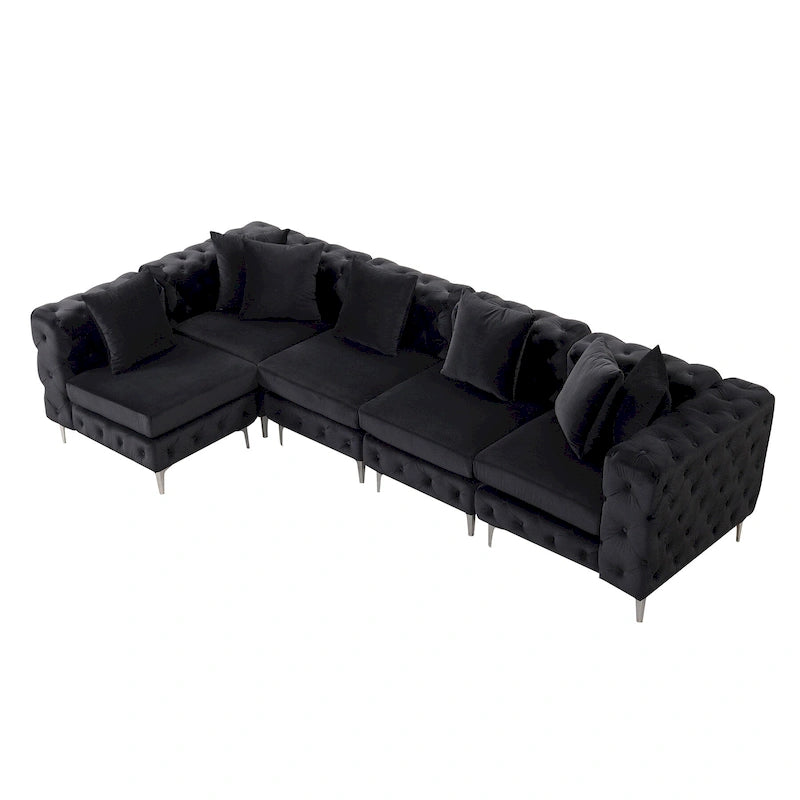 Large L-Shaped Modular Sofa, 5-Seat Velvet Sectional Couch
