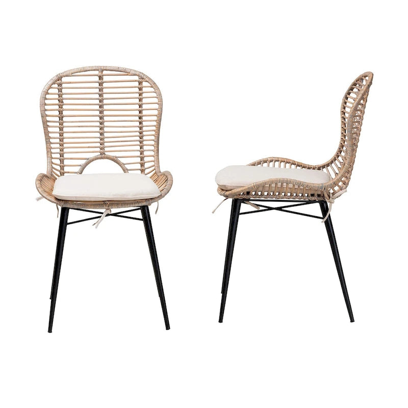 Brenna Modern Bohemian Rattan and Metal 2-Piece Dining Chair Set
