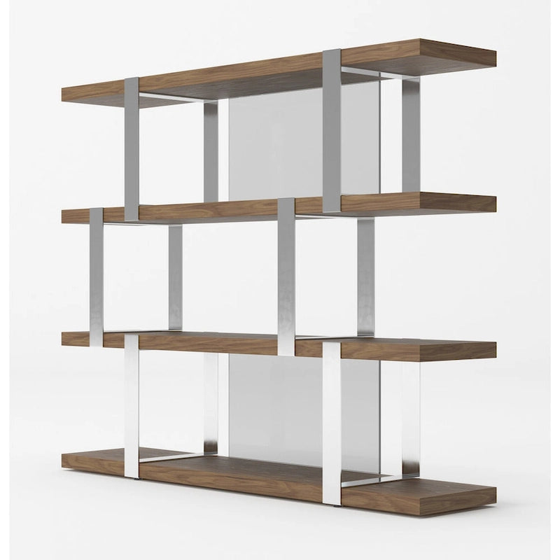 Modrest Brewer Modern Walnut Glass & Stainless Steel Bookshelf