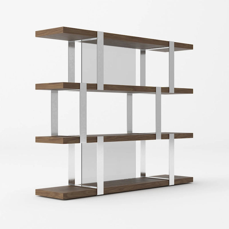 Modrest Brewer Modern Walnut Glass & Stainless Steel Bookshelf