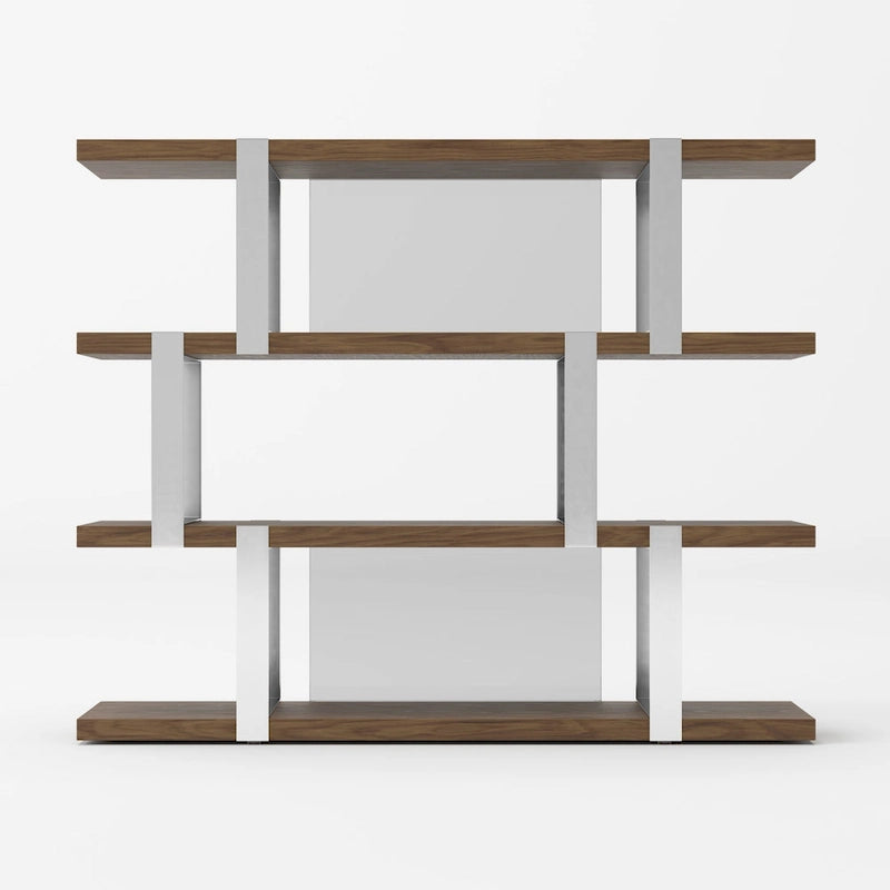 Modrest Brewer Modern Walnut Glass & Stainless Steel Bookshelf