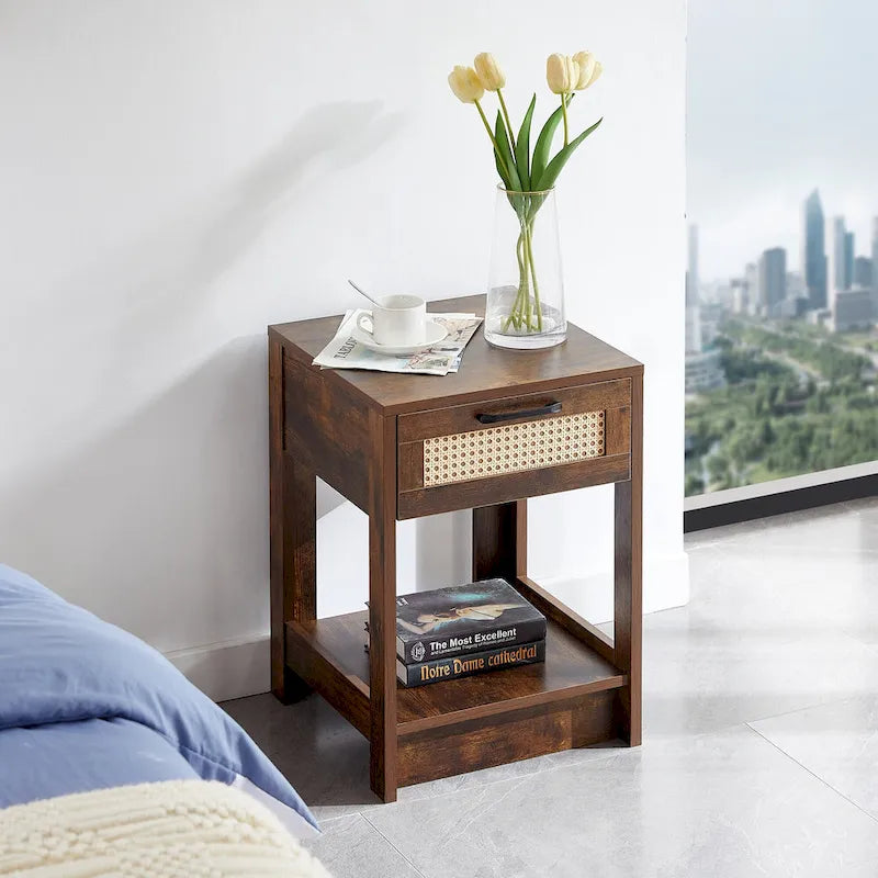15.75   Rattan End table with drawer, Modern nightstand, side table for living roon, bedroom,natural