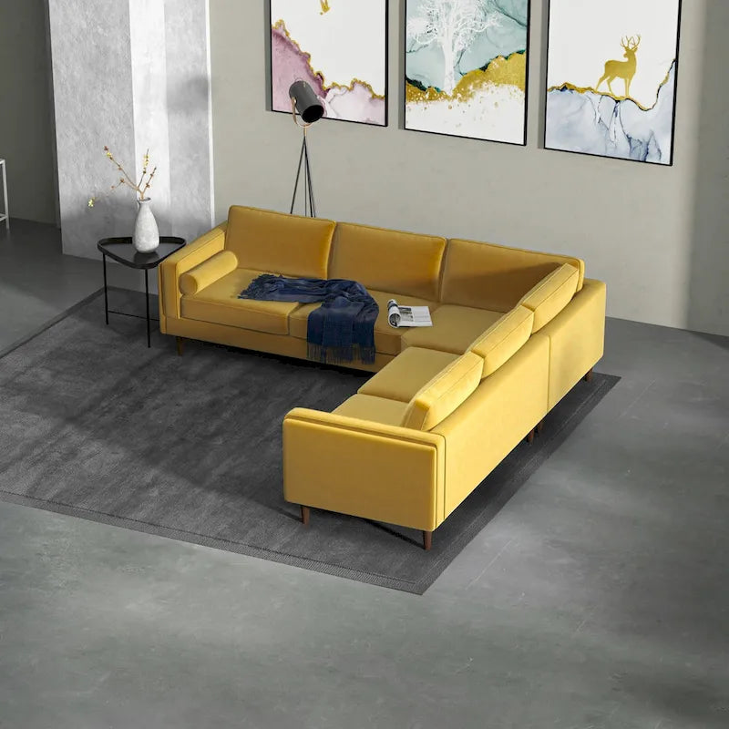 Flavio Mid Century Pillow Back Velvet Symmetrical Corner Sofa in Gold