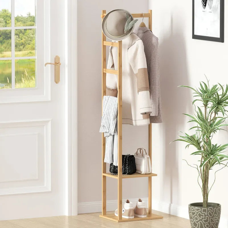 15   Wide Solid Wood Freestanding Coat Rack with Storage - Bamboo Color