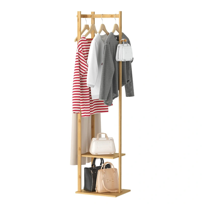 15   Wide Solid Wood Freestanding Coat Rack with Storage - Bamboo Color