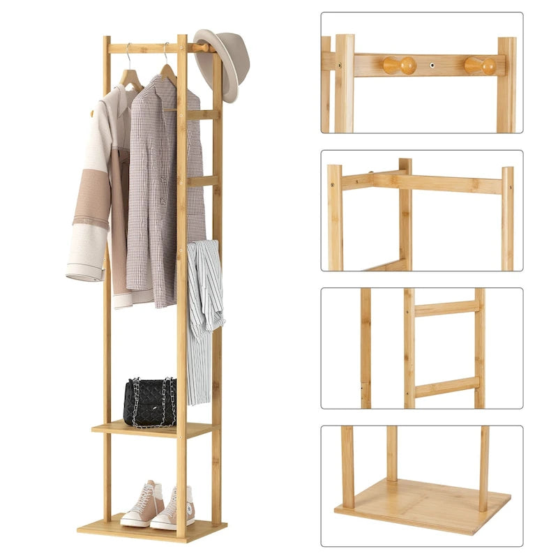 15   Wide Solid Wood Freestanding Coat Rack with Storage - Bamboo Color