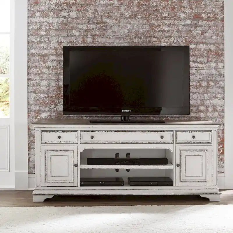 Magnolia Manor Antique White & Weathered Bark Entertainment TV Stand - 73   Wide