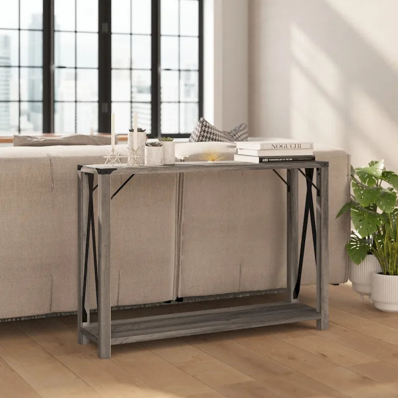 2-Tier Console Table with Metal Side Braces and Corner Caps