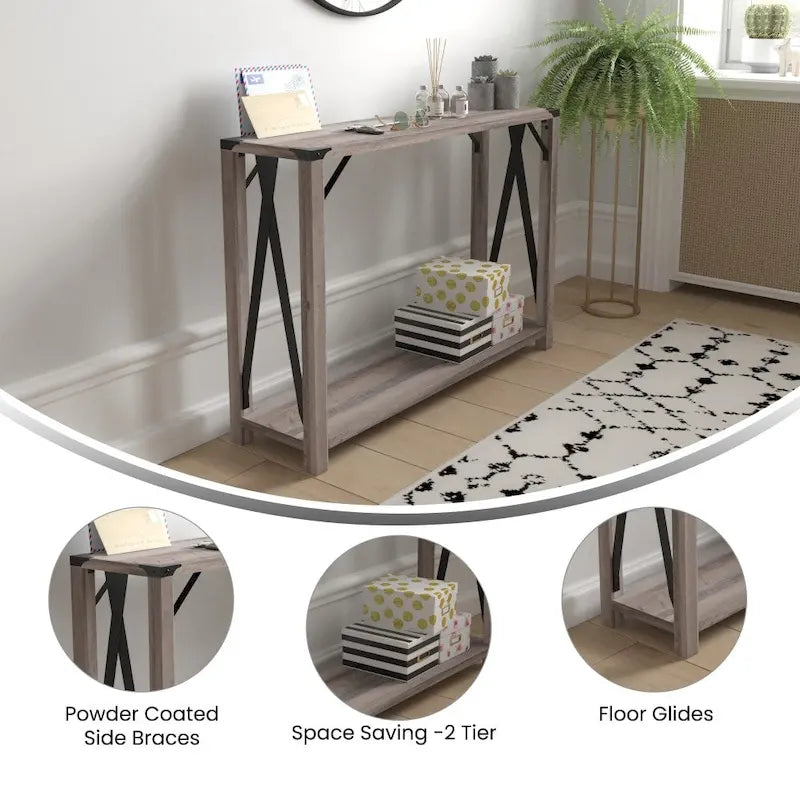 2-Tier Console Table with Metal Side Braces and Corner Caps