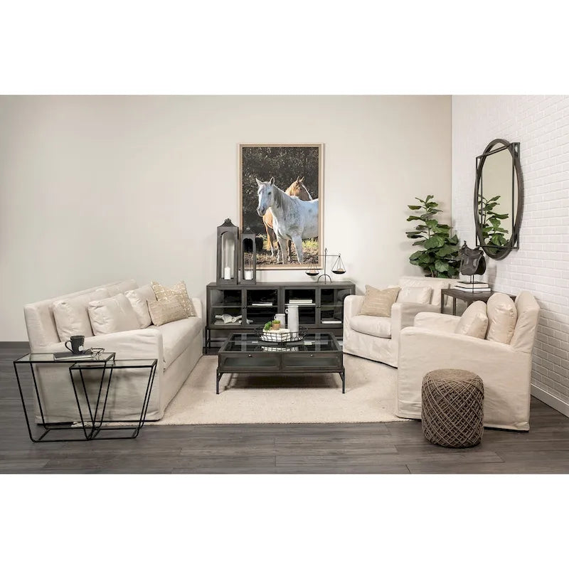 Denly Beige Fabric Slipcover w/ Double Stacked Back Cushions Sofa - 92.5  W x 38.2  D x 34.5  H