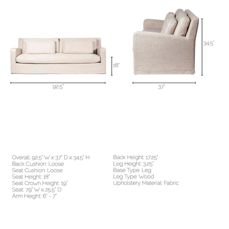 Denly Beige Fabric Slipcover w/ Double Stacked Back Cushions Sofa - 92.5  W x 38.2  D x 34.5  H