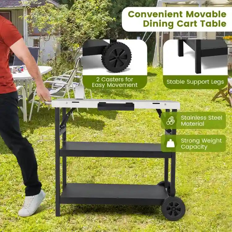 3 Tiers Foldable Outdoor Cart on 2 Wheels with Phone Holder-Black - 42   x 20.5   x 33   (L x W x H)