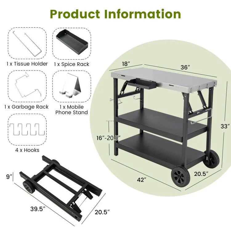 3 Tiers Foldable Outdoor Cart on 2 Wheels with Phone Holder-Black - 42   x 20.5   x 33   (L x W x H)