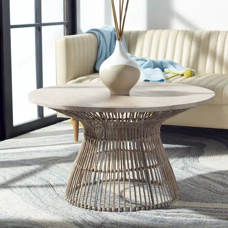 SAFAVIEH Aveline Modern Rattan Round Coffee Table - 31.5   W x 31.5   L x 17.7   H - 32Wx32Dx18H