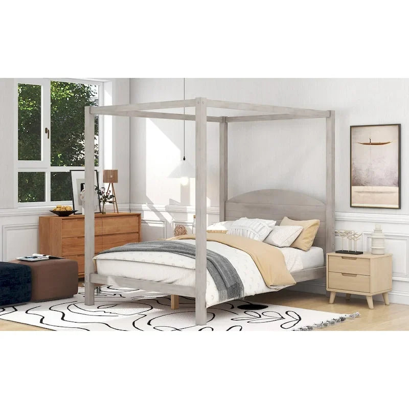 Pine Wood Canopy Platform Bed: Headboard, Sturdy Frame