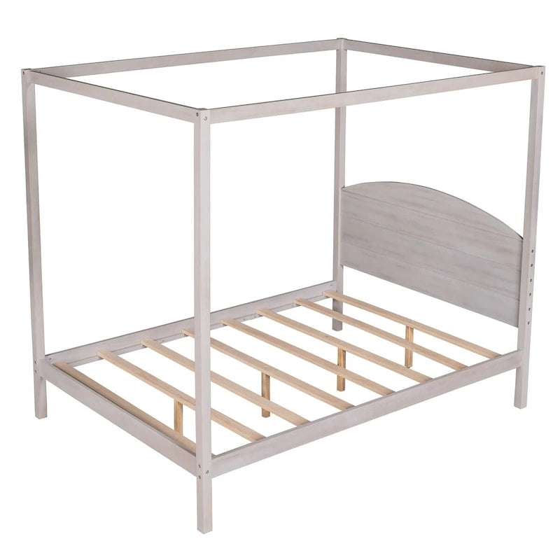Pine Wood Canopy Platform Bed: Headboard, Sturdy Frame