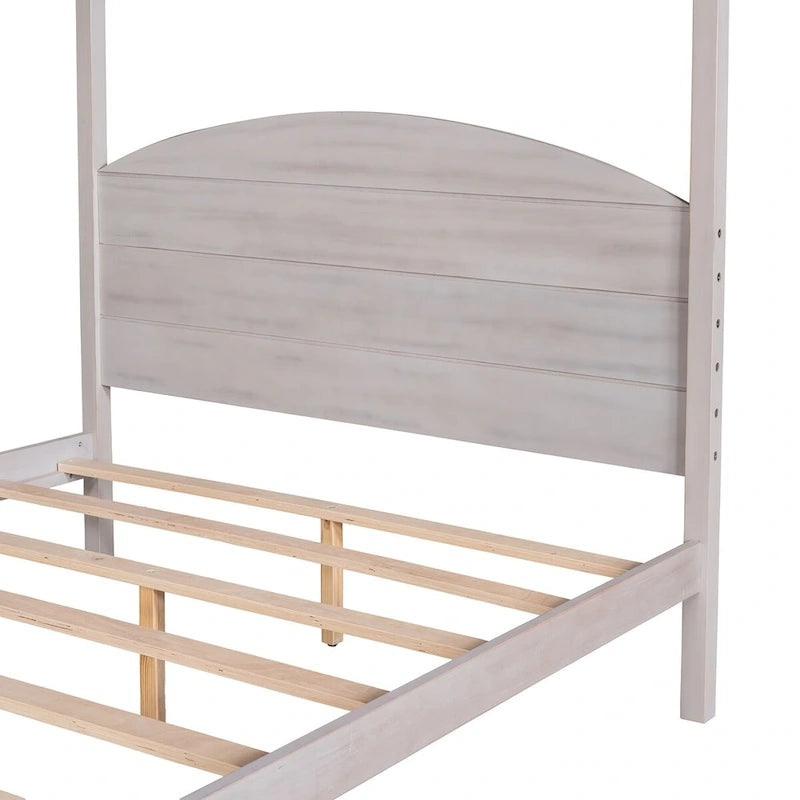 Pine Wood Canopy Platform Bed: Headboard, Sturdy Frame