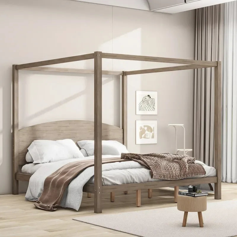 Pine Wood Canopy Platform Bed: Headboard, Sturdy Frame