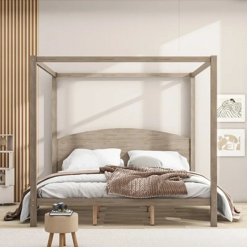 Pine Wood Canopy Platform Bed: Headboard, Sturdy Frame