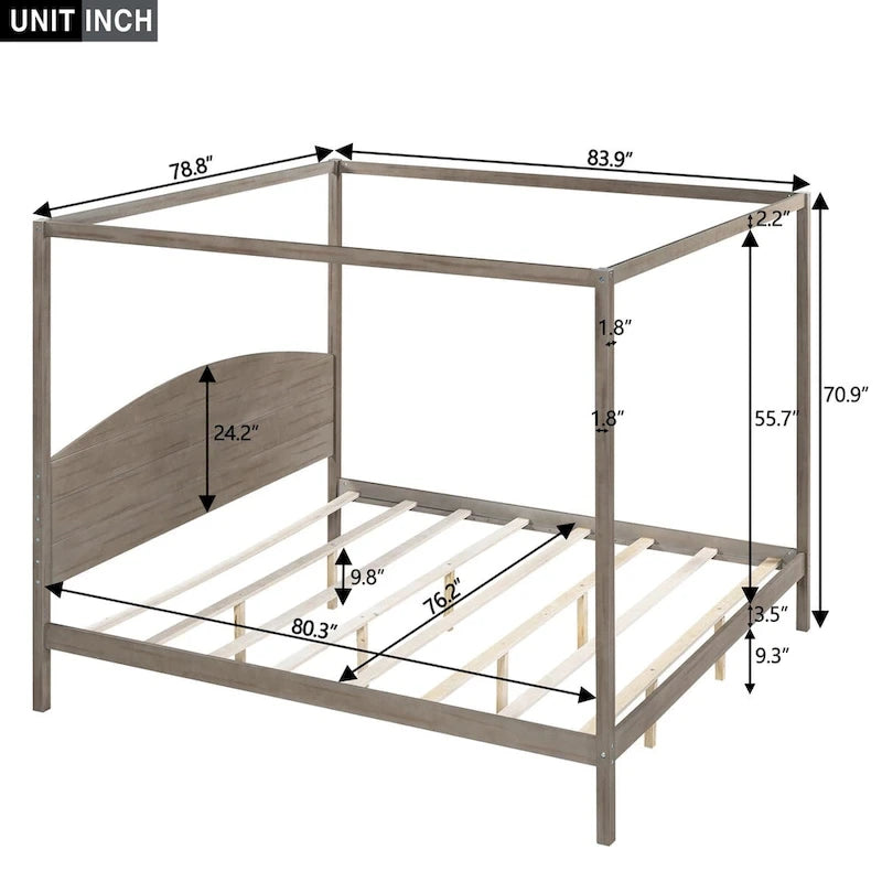 Pine Wood Canopy Platform Bed: Headboard, Sturdy Frame