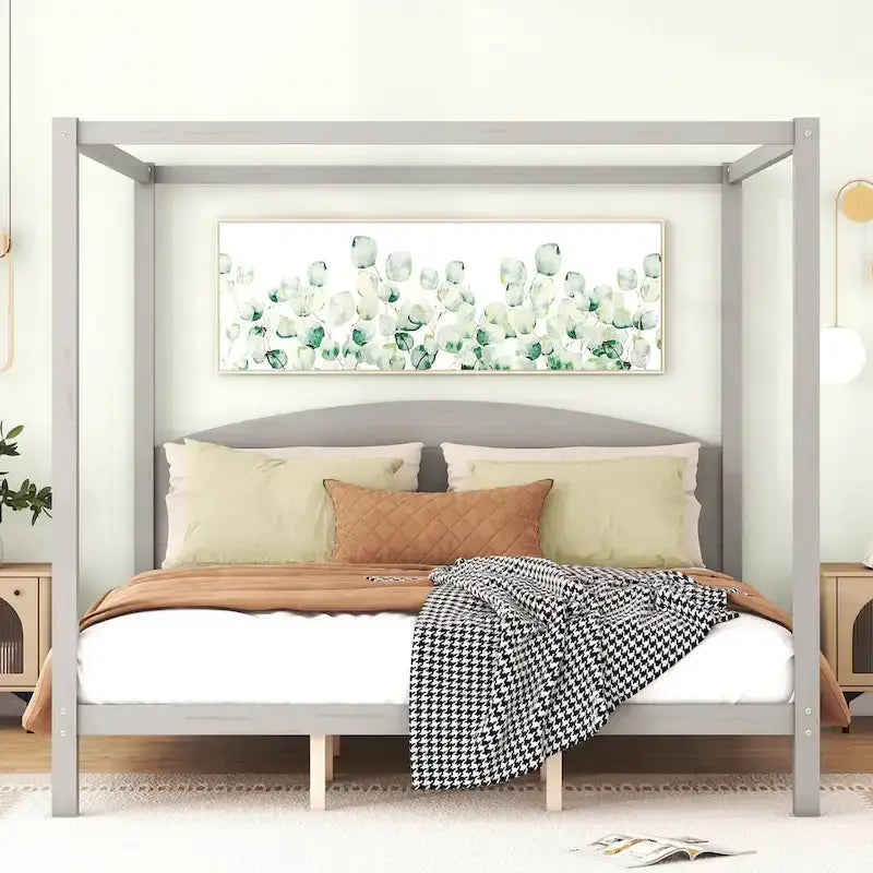 Pine Wood Canopy Platform Bed: Headboard, Sturdy Frame