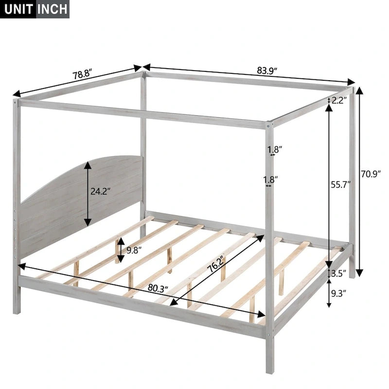 Pine Wood Canopy Platform Bed: Headboard, Sturdy Frame