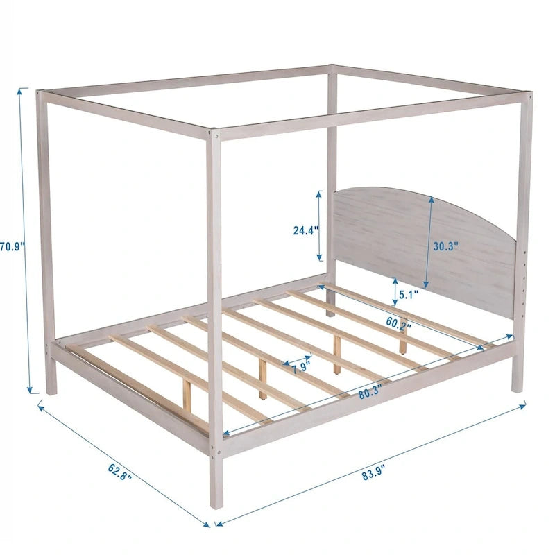 Pine Wood Canopy Platform Bed: Headboard, Sturdy Frame