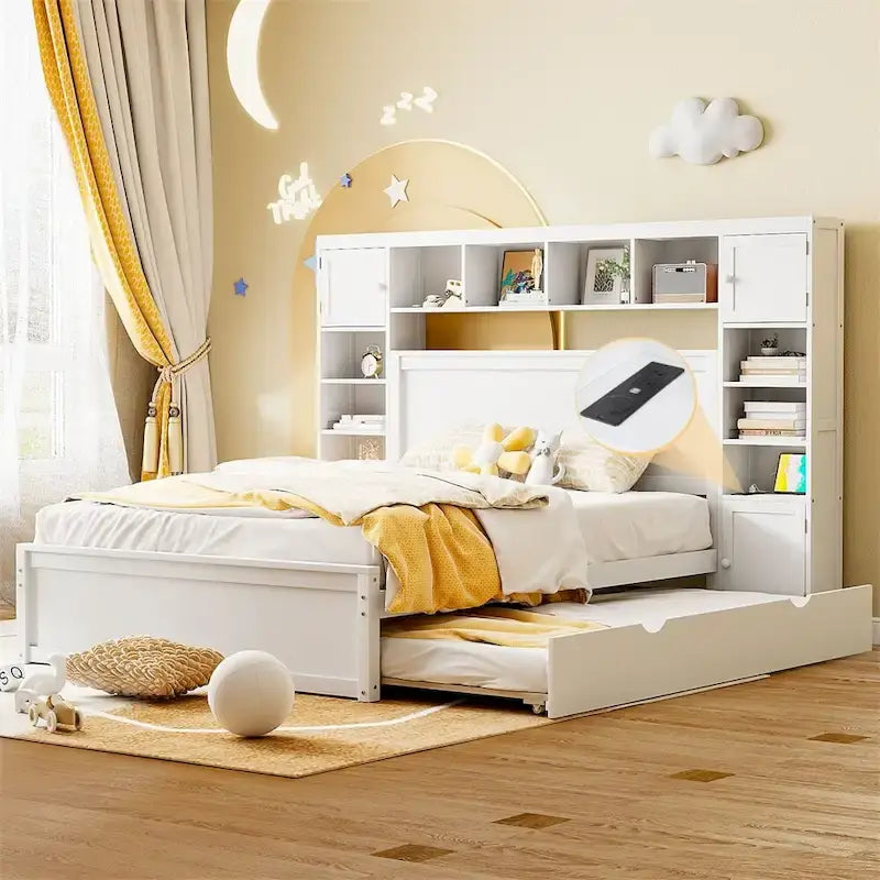 Queen Size Wooden Bed with All-in-One Cabinet, Shelf and Sockets