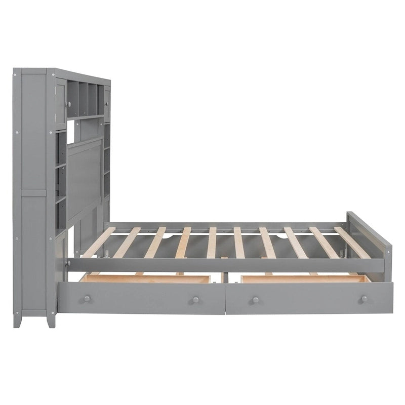 Queen Size Wooden Bed with All-in-One Cabinet, Shelf and Sockets