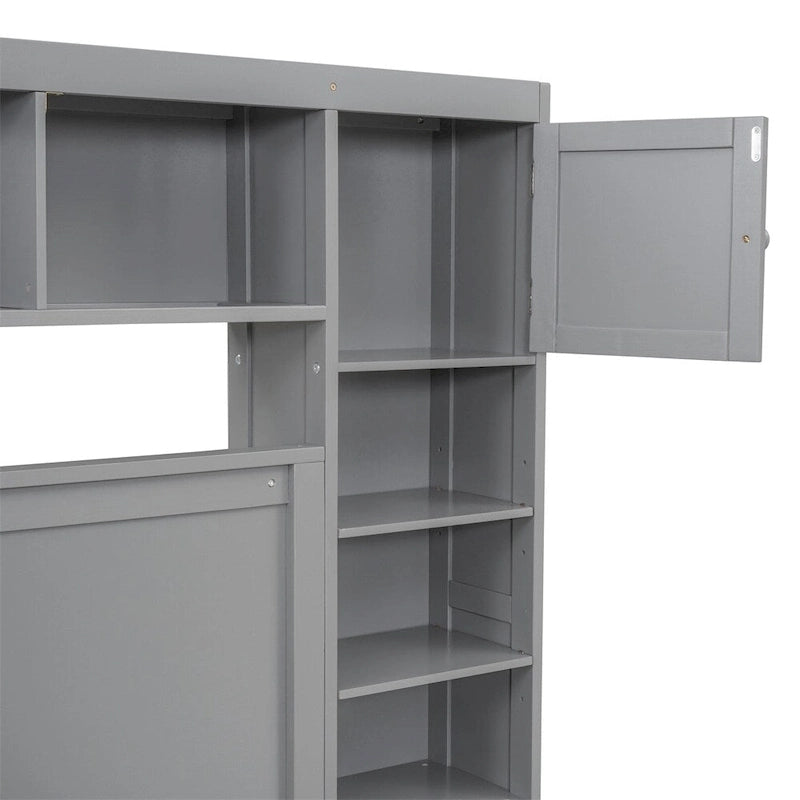 Queen Size Wooden Bed with All-in-One Cabinet, Shelf and Sockets