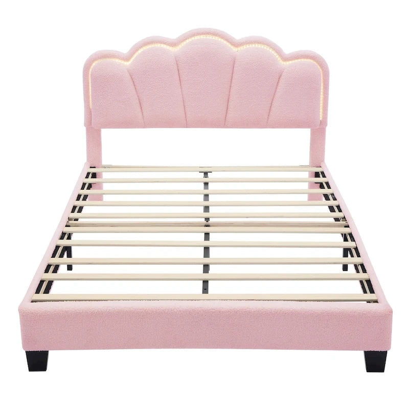 2-Pieces Bedroom Sets Full Size Flower-Shaped Upholstered LED Platform Bed with Storage Ottoman-Sherpa Fabric