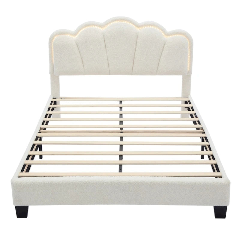 2-Pieces Bedroom Sets Full Size Flower-Shaped Upholstered LED Platform Bed with Storage Ottoman-Sherpa Fabric