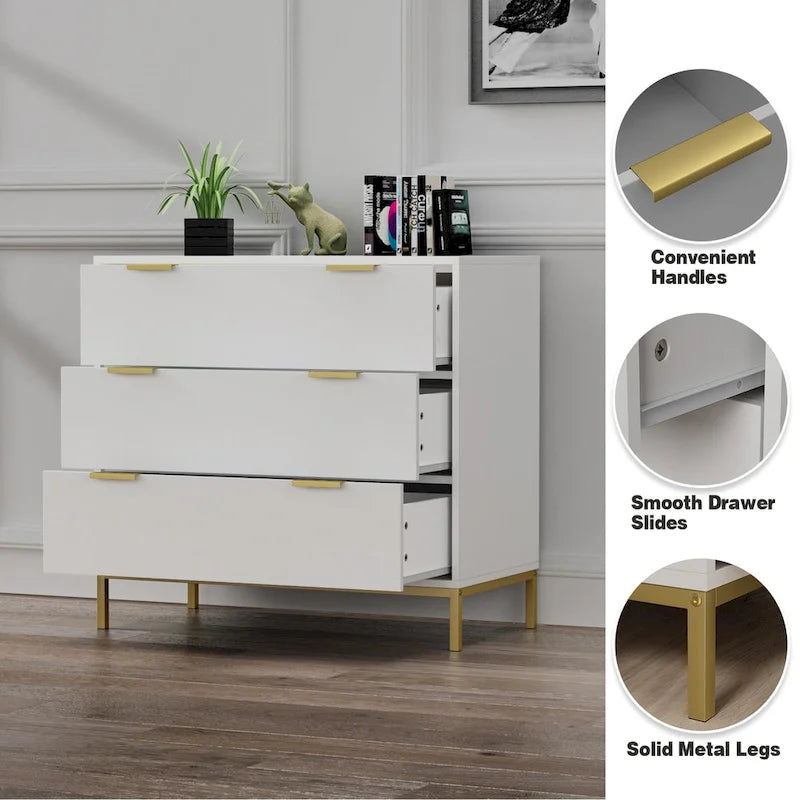 Anmytek Mid-Century Modern 3-Drawer White Dresser for Bedroom Wood Chest of Drawers