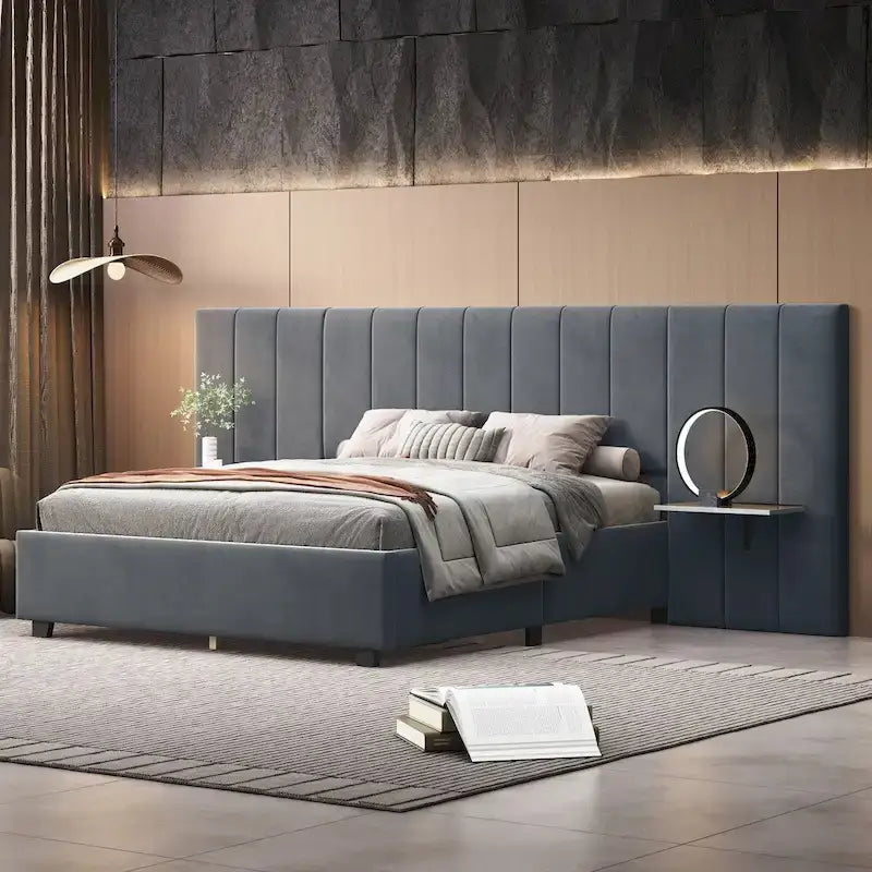Full Size Velvet Upholstered Platform Bed with Big Headboard, Bedroom Furniture