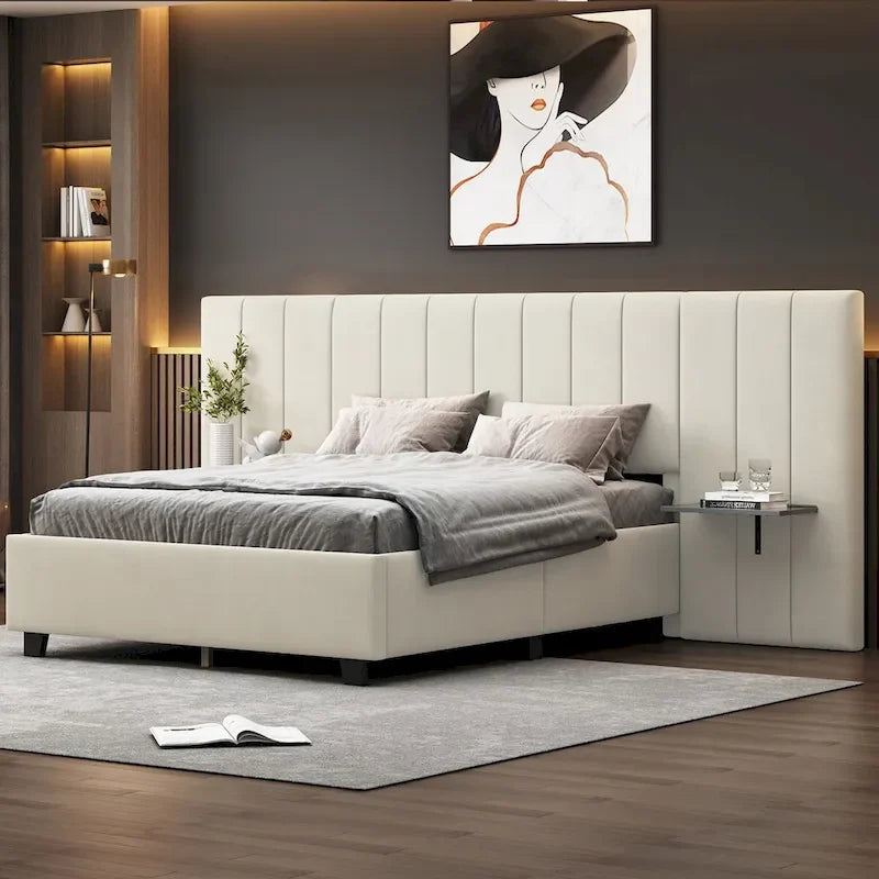 Full Size Velvet Upholstered Platform Bed with Big Headboard, Bedroom Furniture