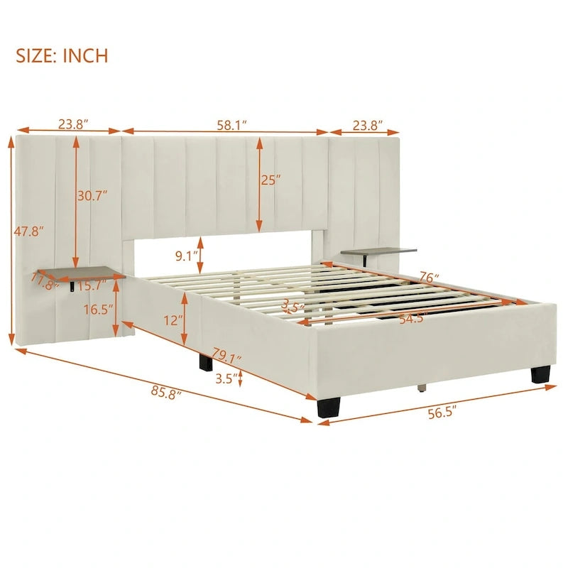Full Size Velvet Upholstered Platform Bed with Big Headboard, Bedroom Furniture